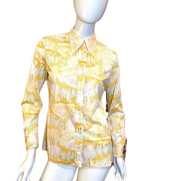 Vintage 1970s Vera Button Down Geometric Long Sleeve Shirt M Saffron Marigold - Picture 15 of 15